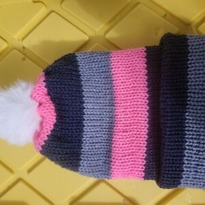 New! Hand Knitted Striped Knit Beanie with Pom Pom